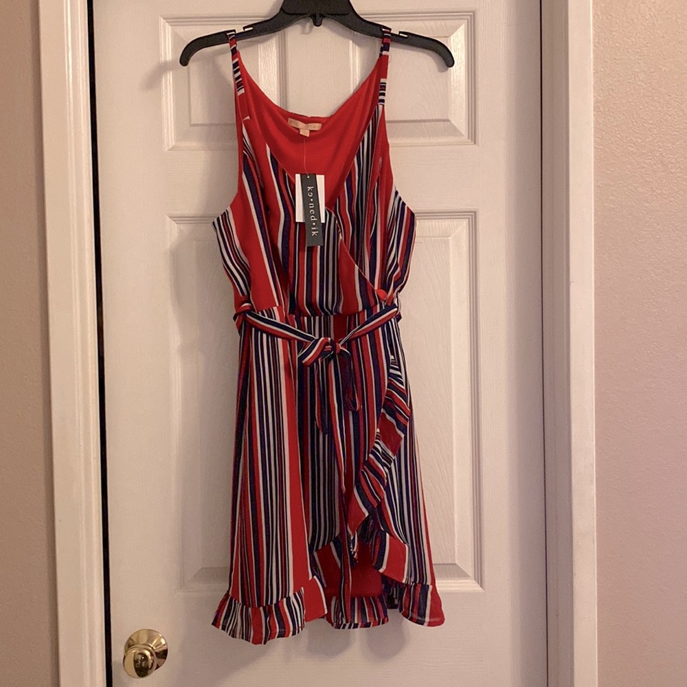 Evolutionary Red, Navy, & White Faux Wrap Dress
